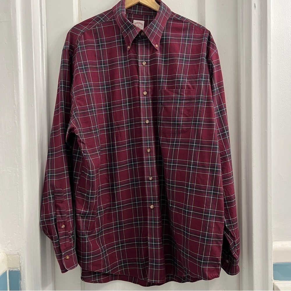 Brooks Brothers Men’s Colton Classic Dark Red Plaid Classic Button Up‎ Shirt, L